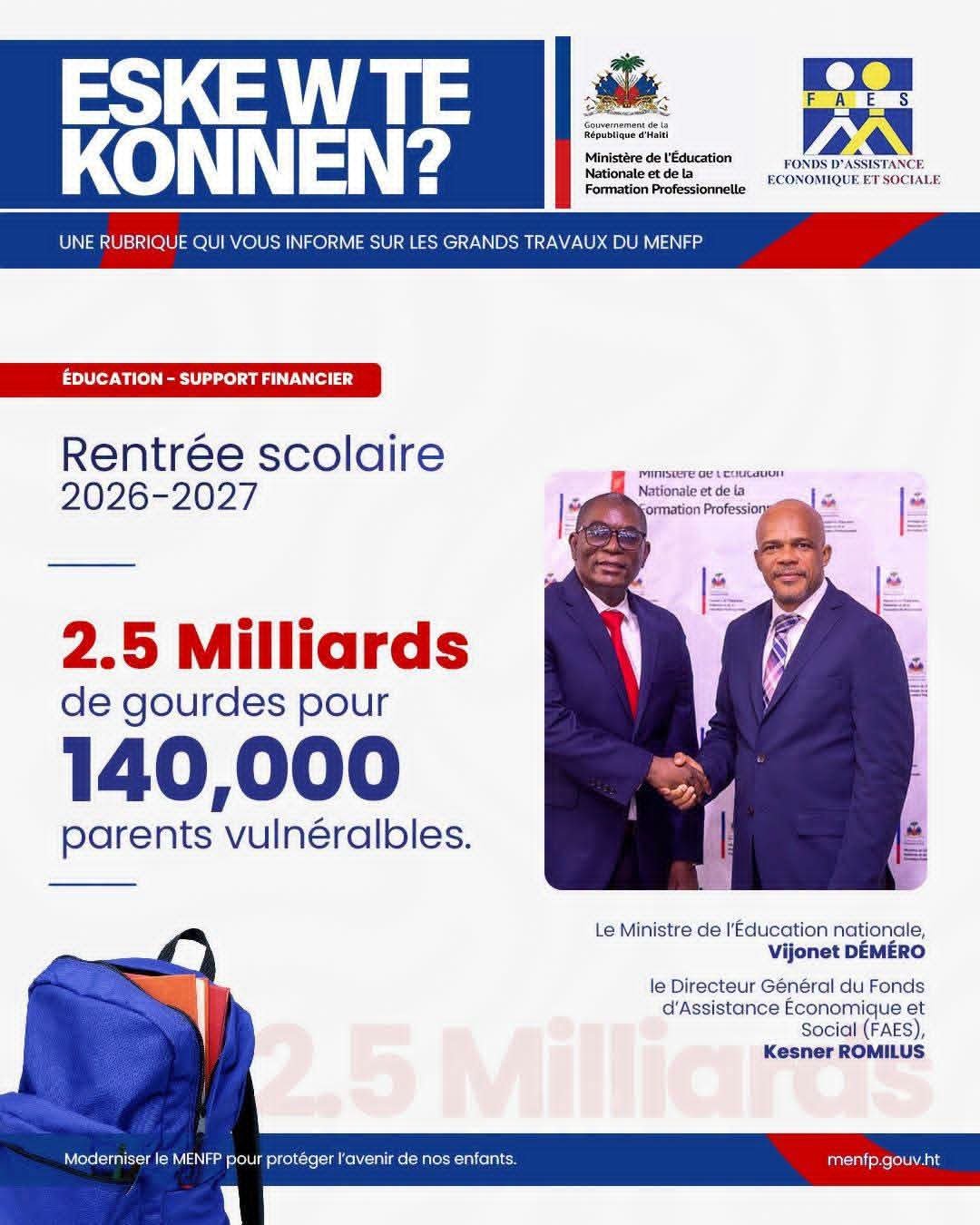 Rentrée scolaire : 140 000 parents vulnérables bénéficieront d’une aide de 15 000 gourdes